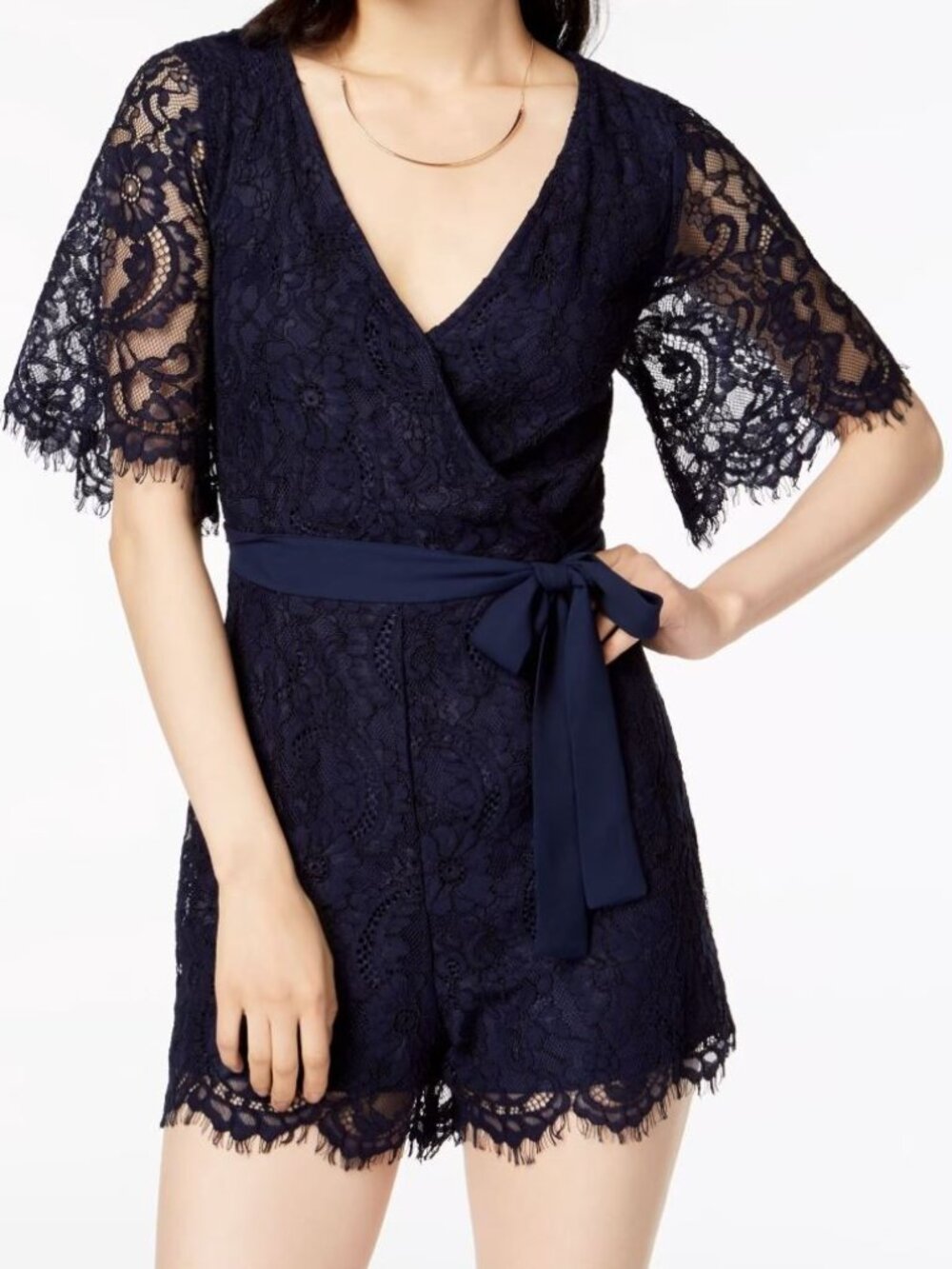 Trixxi Juniors Navy Blue Eyelash Lace Surplice Belted Romper